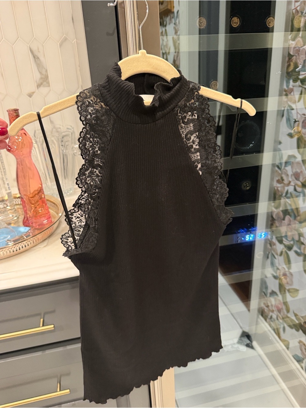 Zara Black Ribbed Mock Neck Tank with Lace Trim